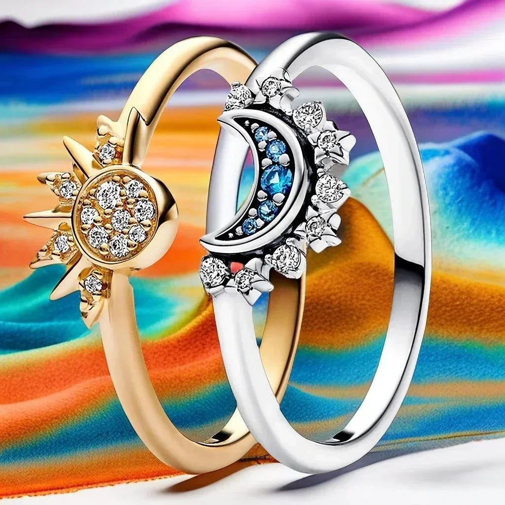 Summer Celestial Blue Sparkling Moon Sun Ring For Women Cocktail Stackable Finger Band Fashion Silver 925 Fine Jewellry Crystal