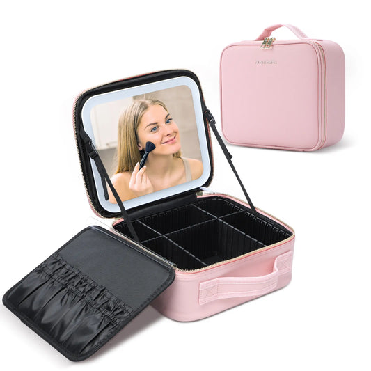 Illuminate Your Beauty On-the-Go with Adjustable LED Makeup Train Case!